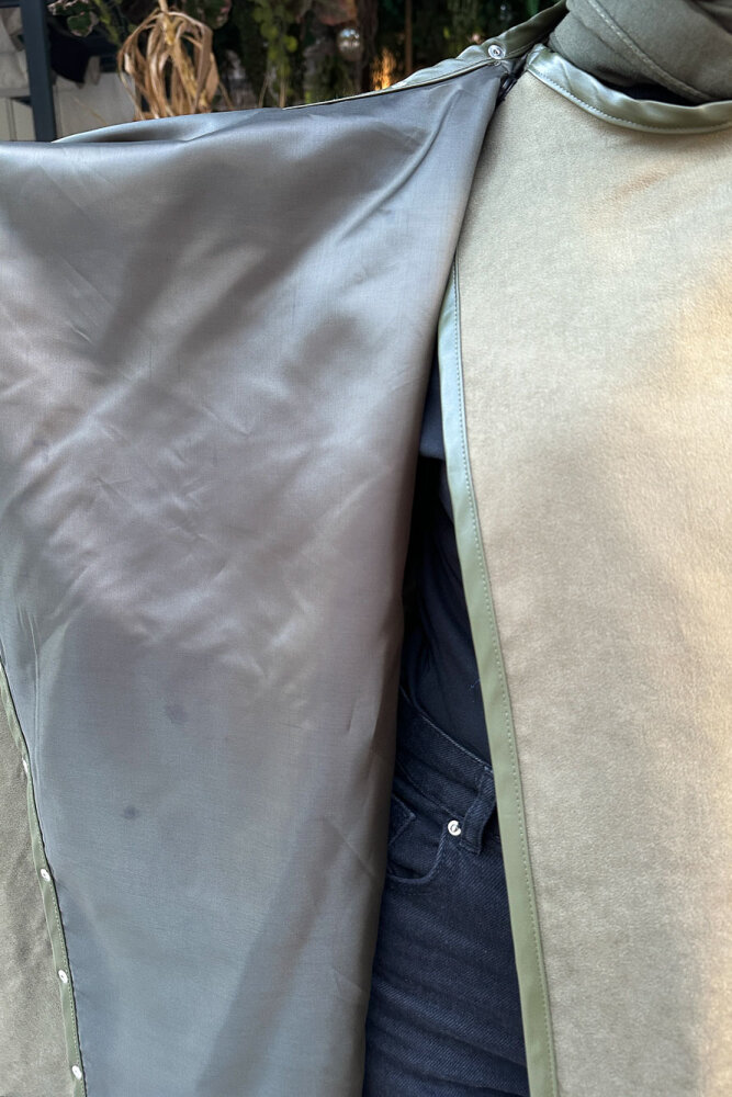 Deri Detaylı Nubuk Ceket - Haki - 7