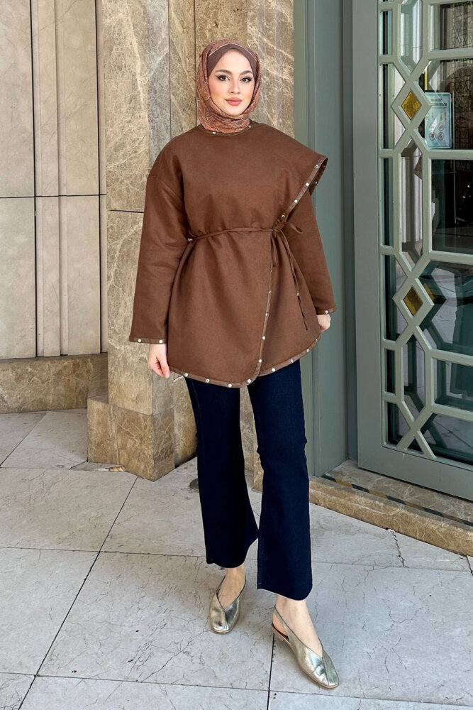 Deri Detaylı Nubuk Ceket - Kahverengi - HEWES (4)