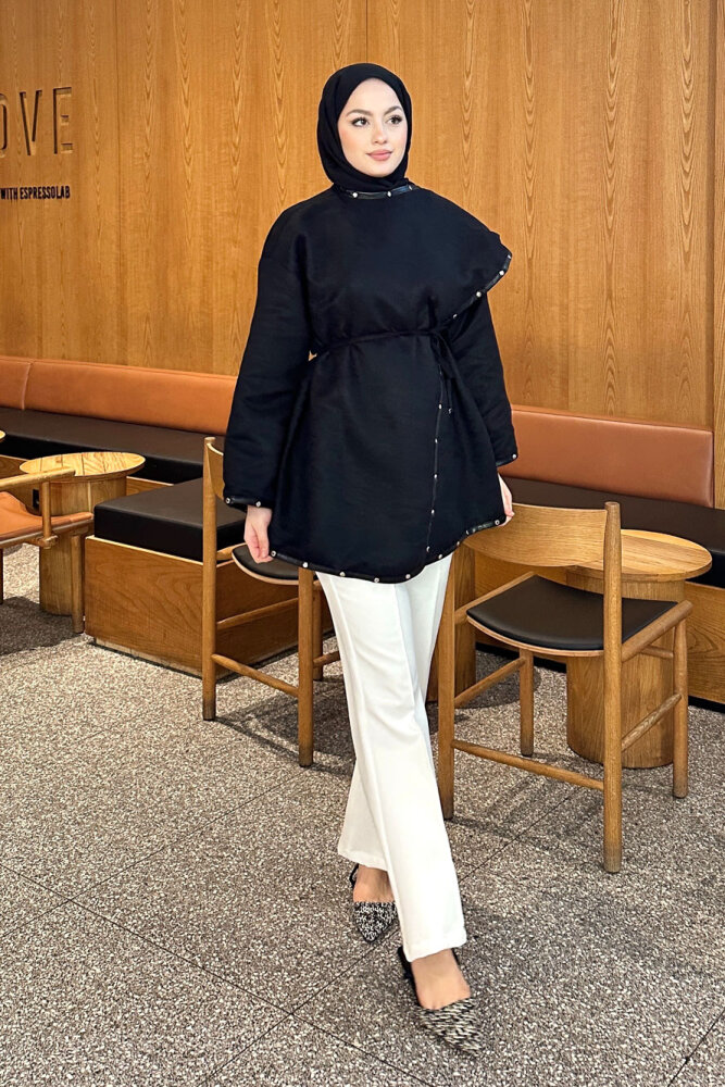 Deri Detaylı Nubuk Ceket - Siyah - 5