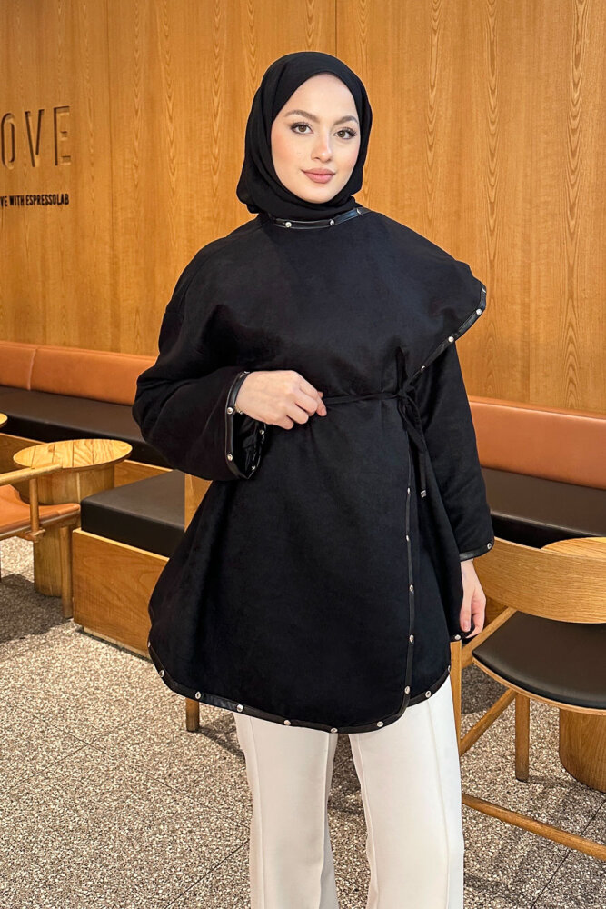 Deri Detaylı Nubuk Ceket - Siyah - 7