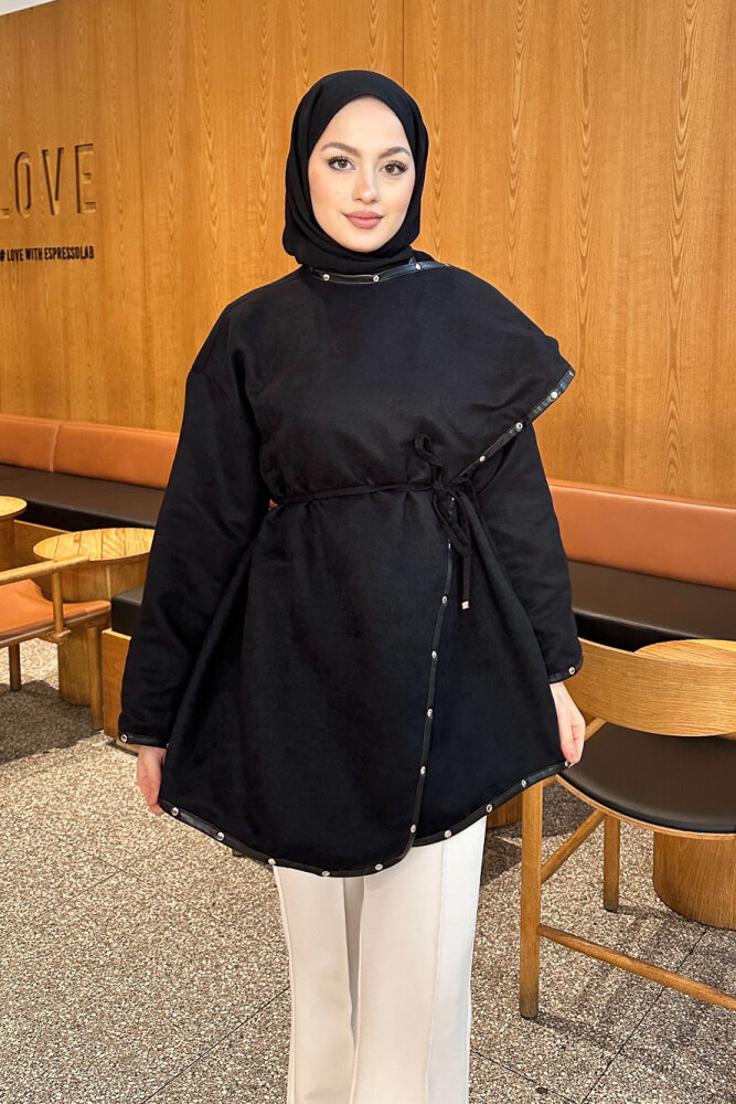 Deri Detaylı Nubuk Ceket - Siyah - 4