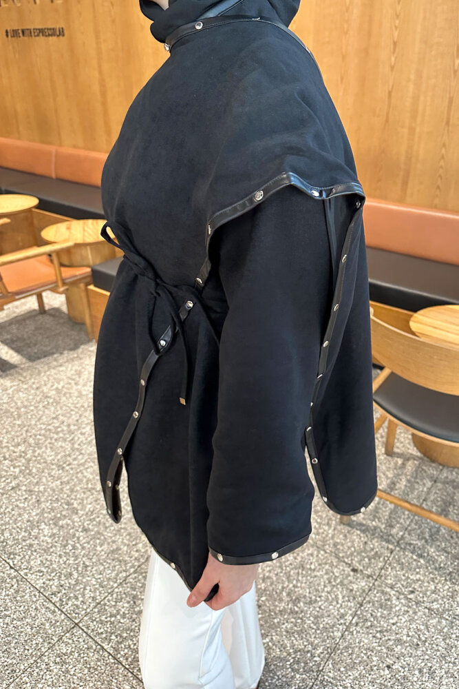 Deri Detaylı Nubuk Ceket - Siyah - 3