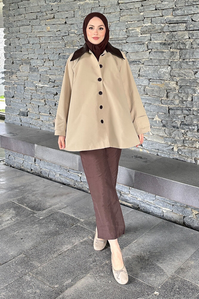 Deri Yakalı Düğmeli Ceket - Bej - HEWES (3)