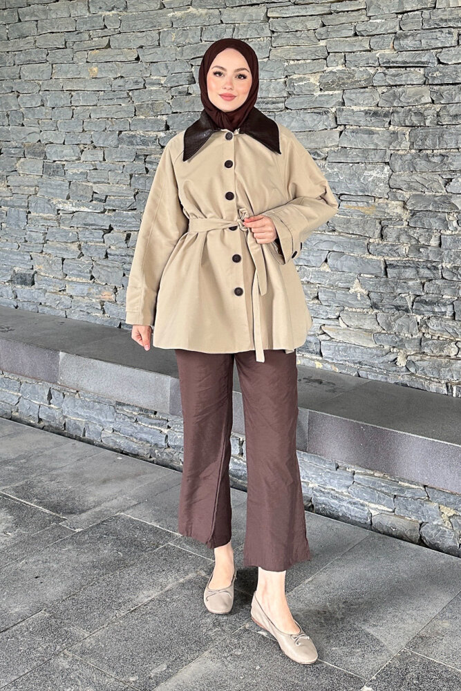 Deri Yakalı Düğmeli Ceket - Bej - HEWES (4)