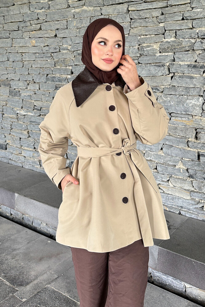 Deri Yakalı Düğmeli Ceket - Bej - HEWES (5)