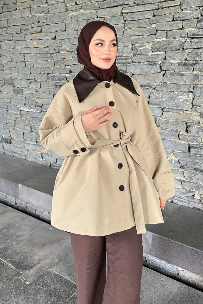 Deri Yakalı Düğmeli Ceket - Bej - HEWES (1)
