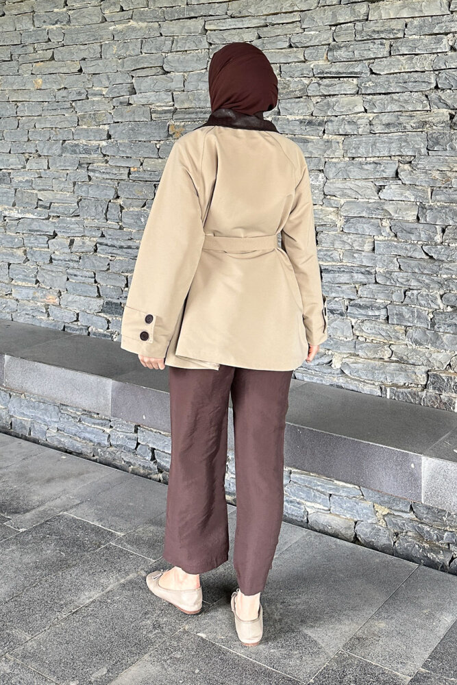 Deri Yakalı Düğmeli Ceket - Bej - 8