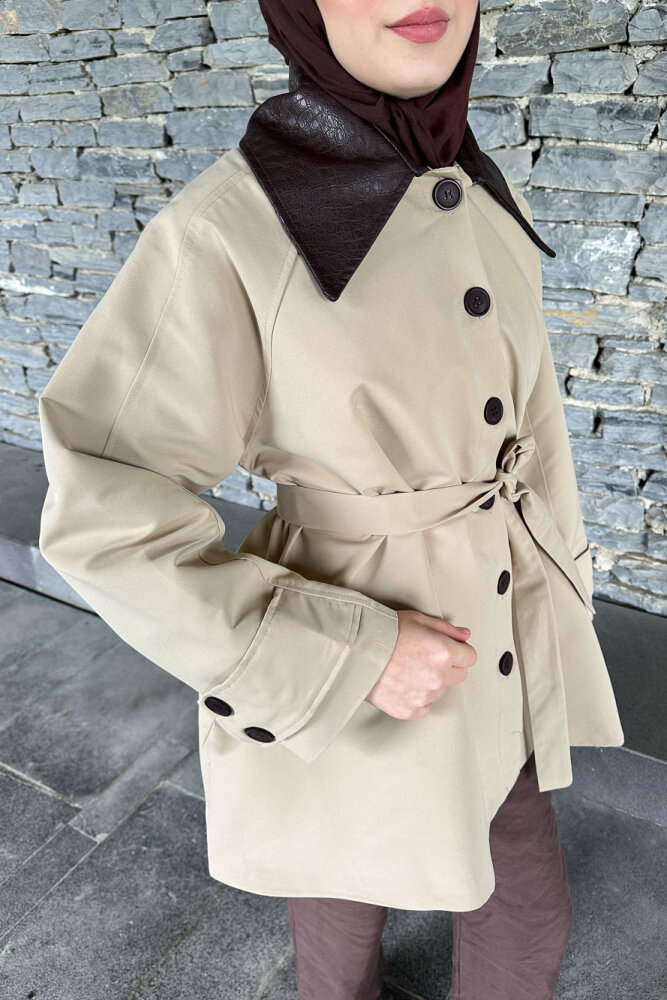 Deri Yakalı Düğmeli Ceket - Bej - HEWES (2)