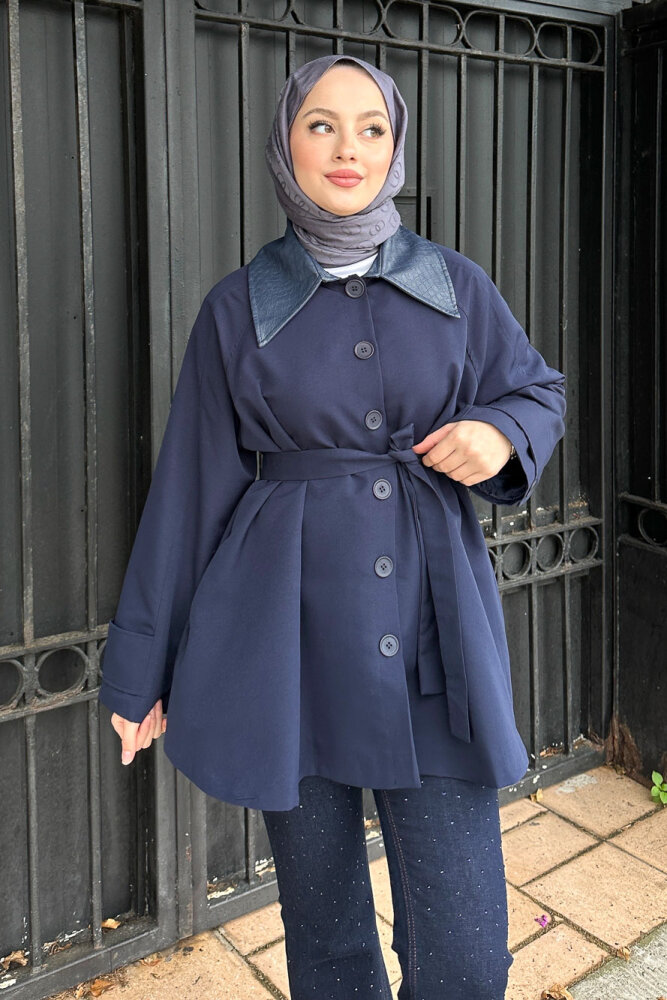 Deri Yakalı Düğmeli Ceket - Lacivert - 6