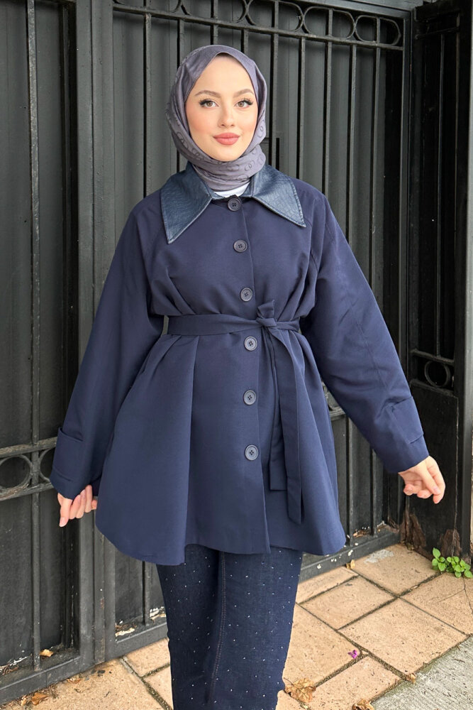 Deri Yakalı Düğmeli Ceket - Lacivert - 3