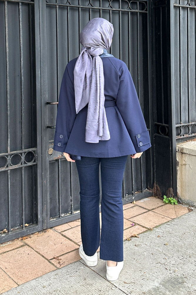 Deri Yakalı Düğmeli Ceket - Lacivert - 7