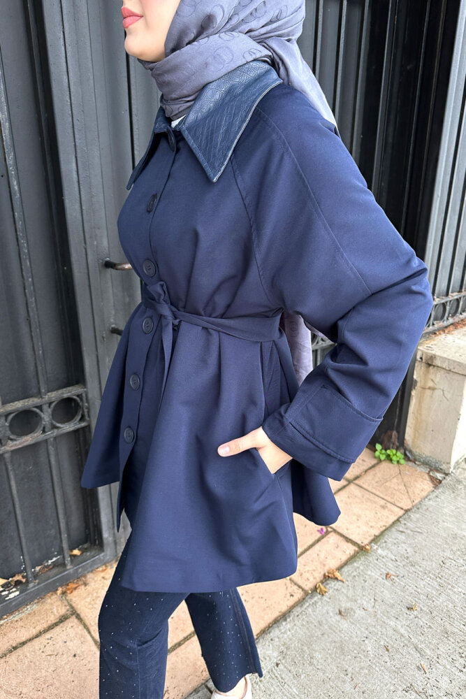 Deri Yakalı Düğmeli Ceket - Lacivert - HEWES (3)