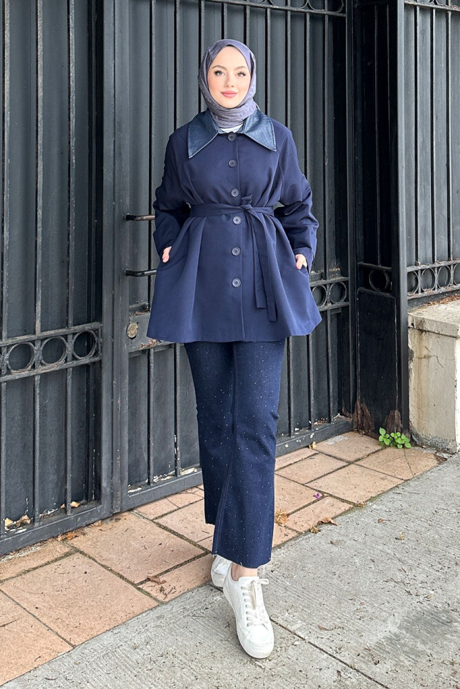 Deri Yakalı Düğmeli Ceket - Lacivert - HEWES (1)