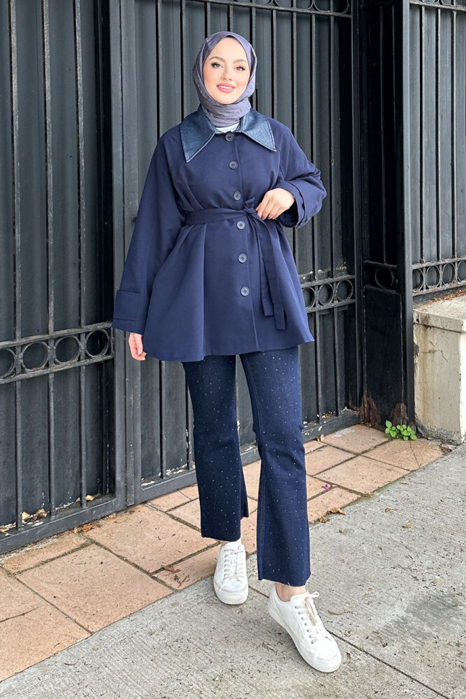 Deri Yakalı Düğmeli Ceket - Lacivert - HEWES (4)