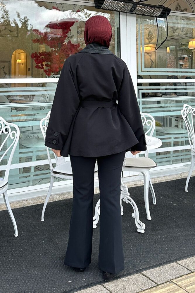 Deri Yakalı Düğmeli Ceket - Siyah - 8