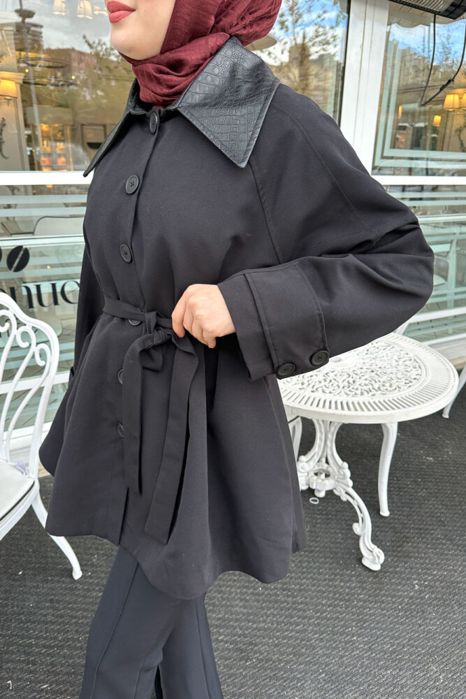 Deri Yakalı Düğmeli Ceket - Siyah - HEWES (3)