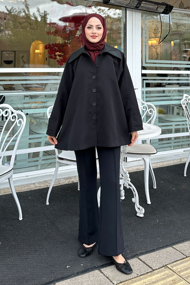 Deri Yakalı Düğmeli Ceket - Siyah - HEWES (1)