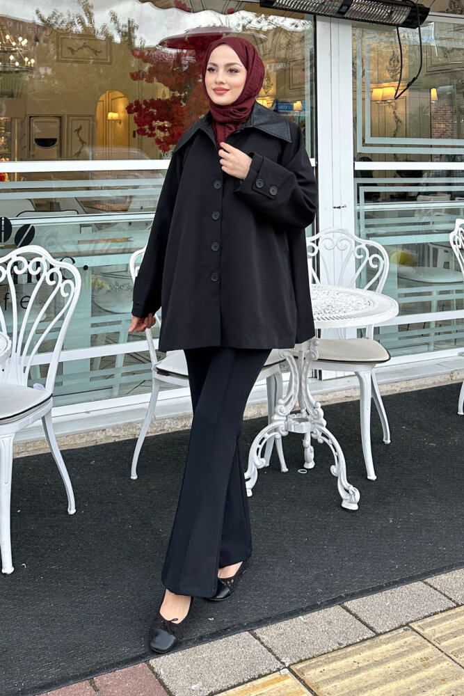 Deri Yakalı Düğmeli Ceket - Siyah - HEWES (5)