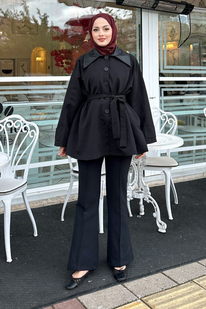 Deri Yakalı Düğmeli Ceket - Siyah - 5