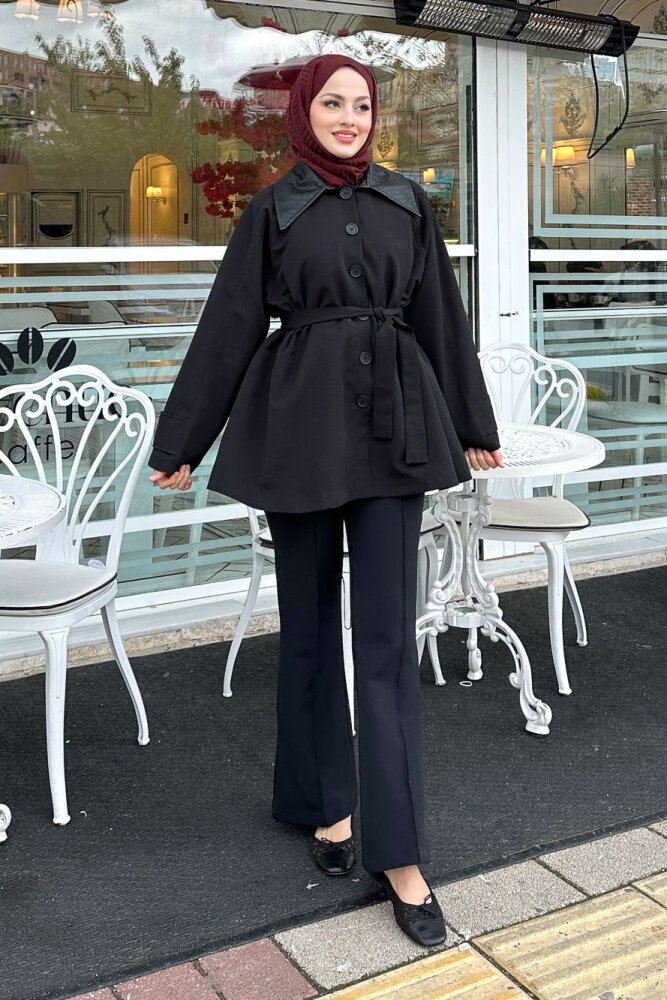 Deri Yakalı Düğmeli Ceket - Siyah - 1