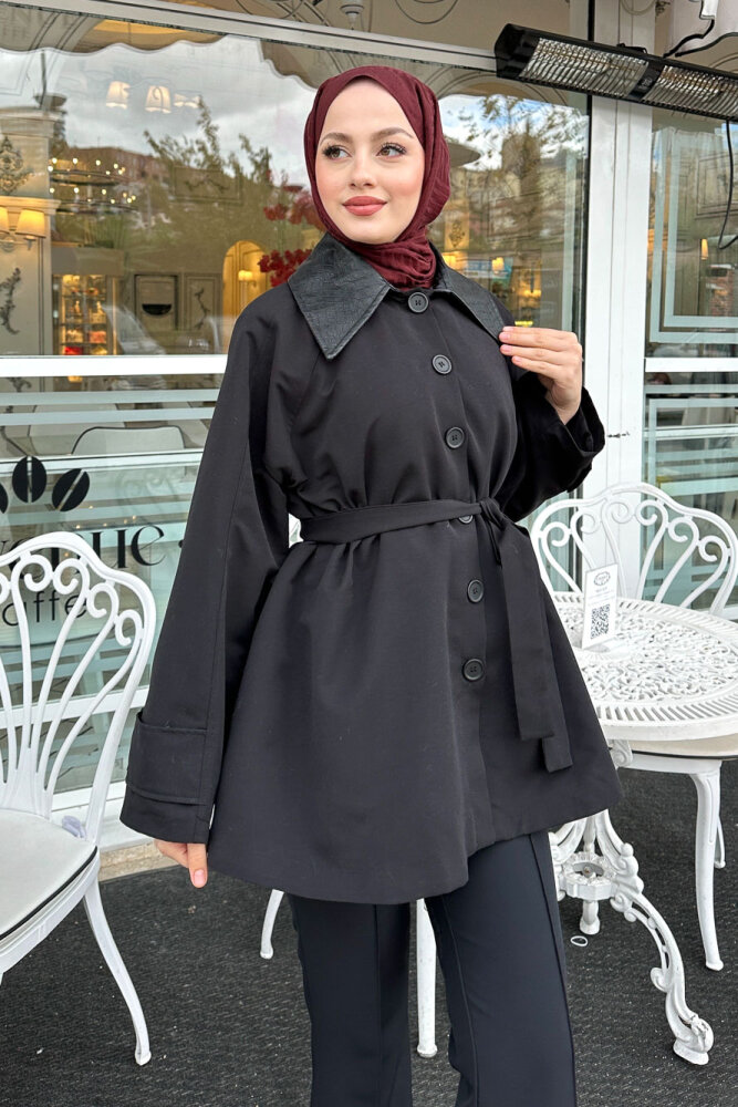 Deri Yakalı Düğmeli Ceket - Siyah - 7