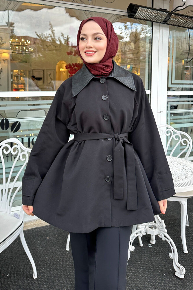 Deri Yakalı Düğmeli Ceket - Siyah - 3