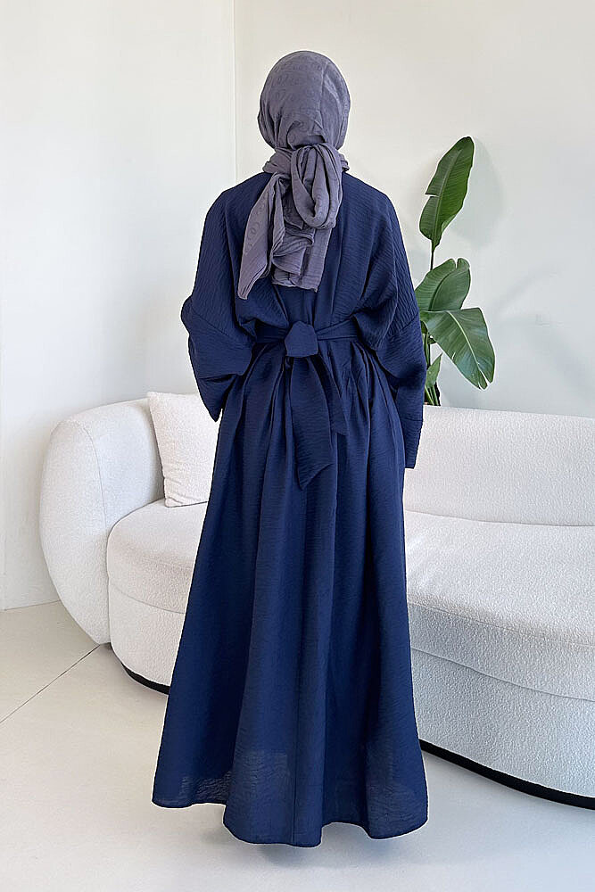Kendinden Desenli Beli Pileli Kemerli Elbise - Lacivert - 6