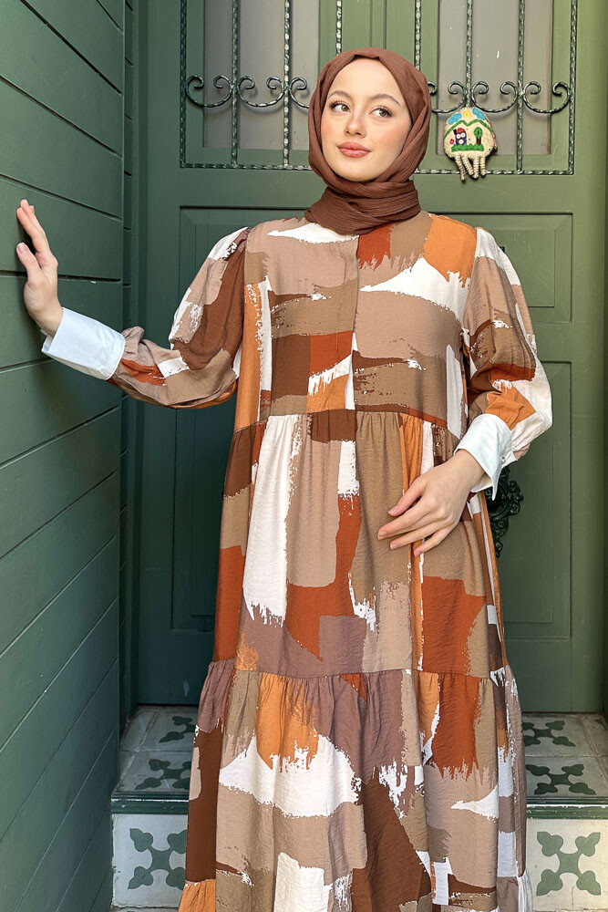 Desenli Renkli Elbise - Kahverengi - ENMA (5)