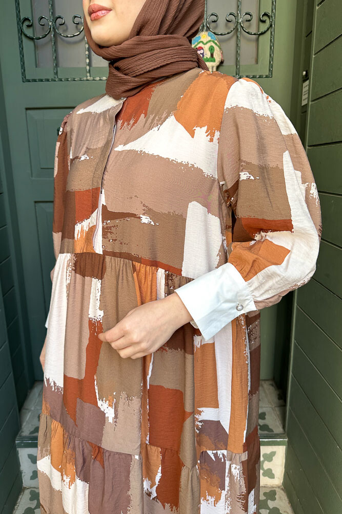 Desenli Renkli Elbise - Kahverengi - ENMA (2)