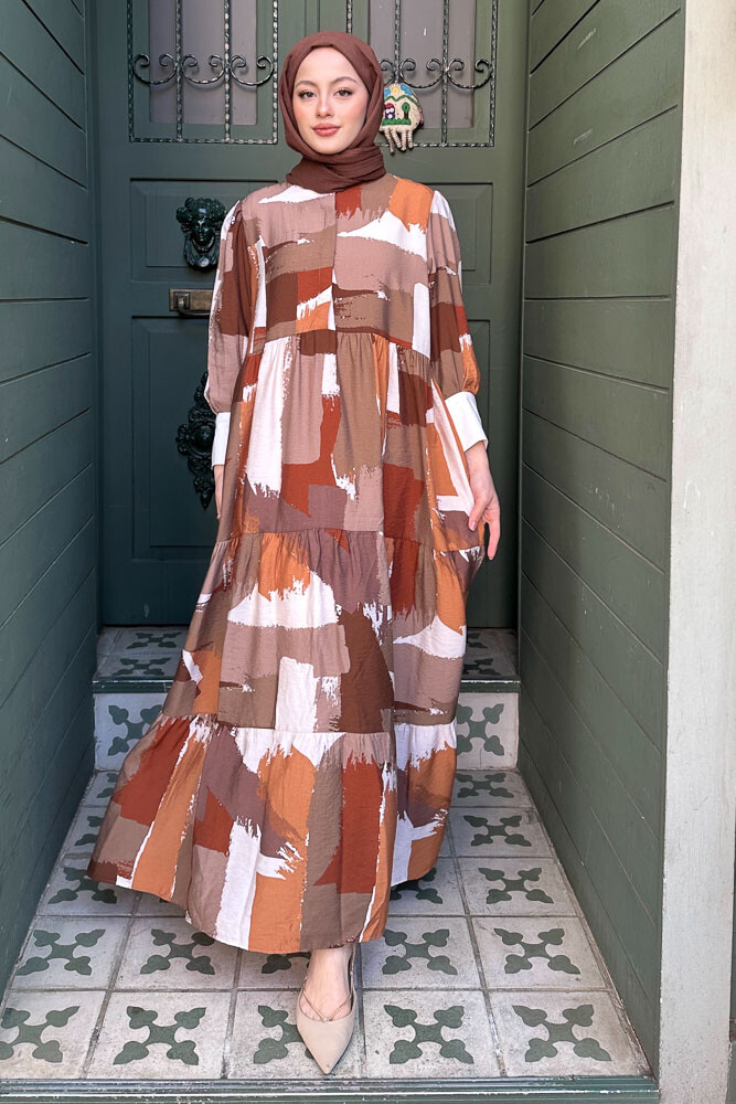 Desenli Renkli Elbise - Kahverengi - ENMA (3)