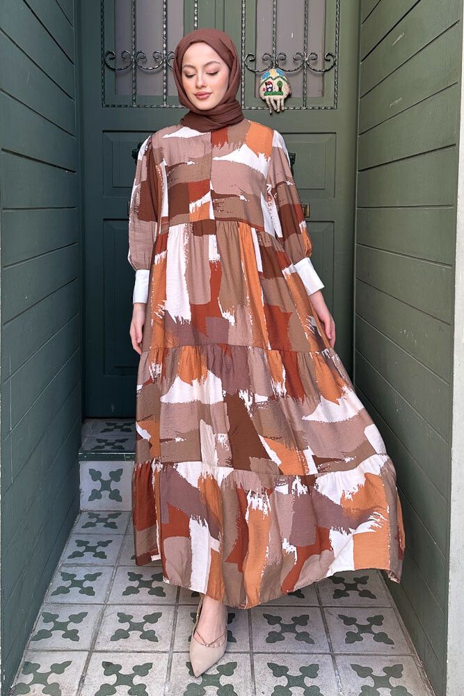 Desenli Renkli Elbise - Kahverengi - ENMA (1)