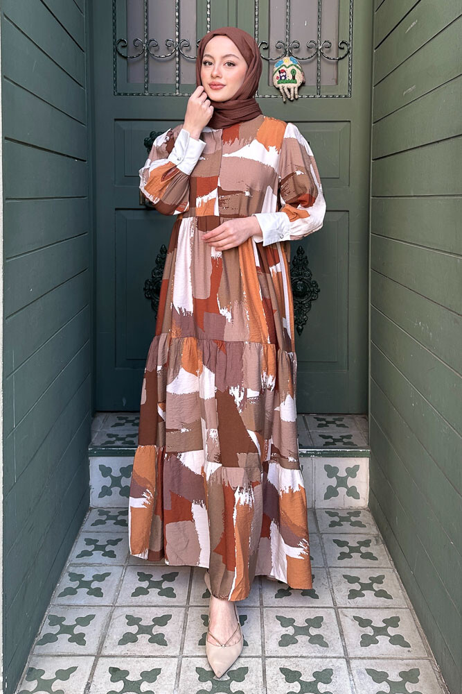 Desenli Renkli Elbise - Kahverengi - ENMA (4)