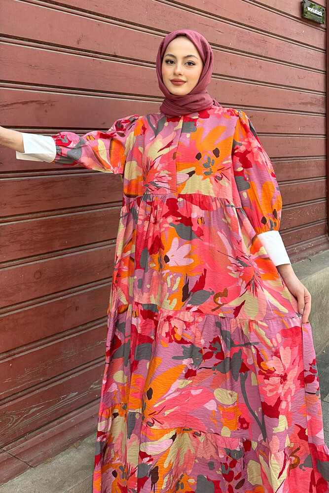 Desenli Renkli Elbise - Pembe - 7