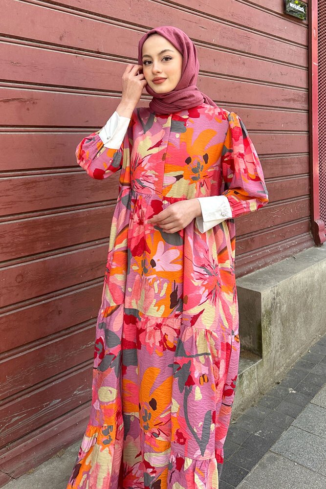 Desenli Renkli Elbise - Pembe - 2