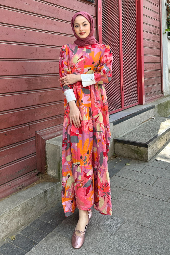 Desenli Renkli Elbise - Pembe - 4