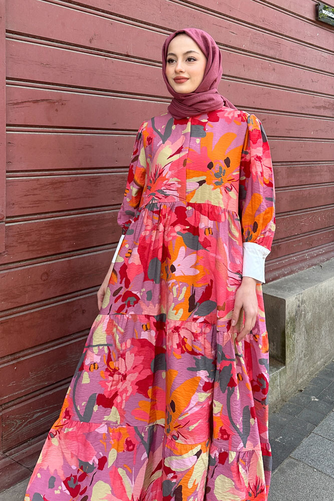 Desenli Renkli Elbise - Pembe - 8