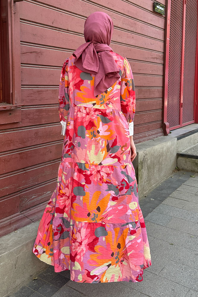 Desenli Renkli Elbise - Pembe - 5
