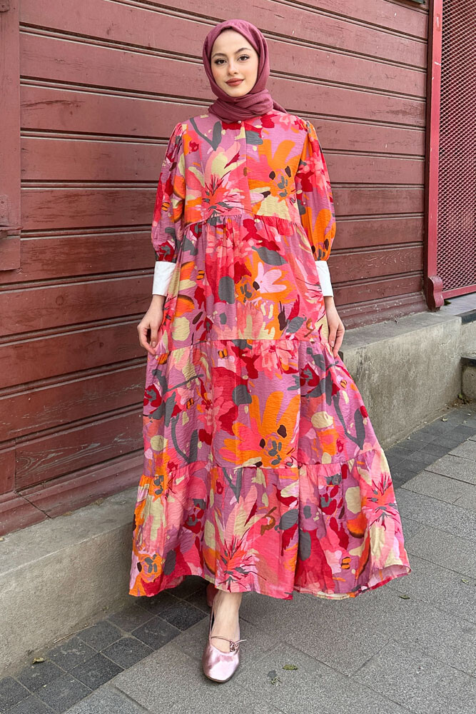 Desenli Renkli Elbise - Pembe - 1