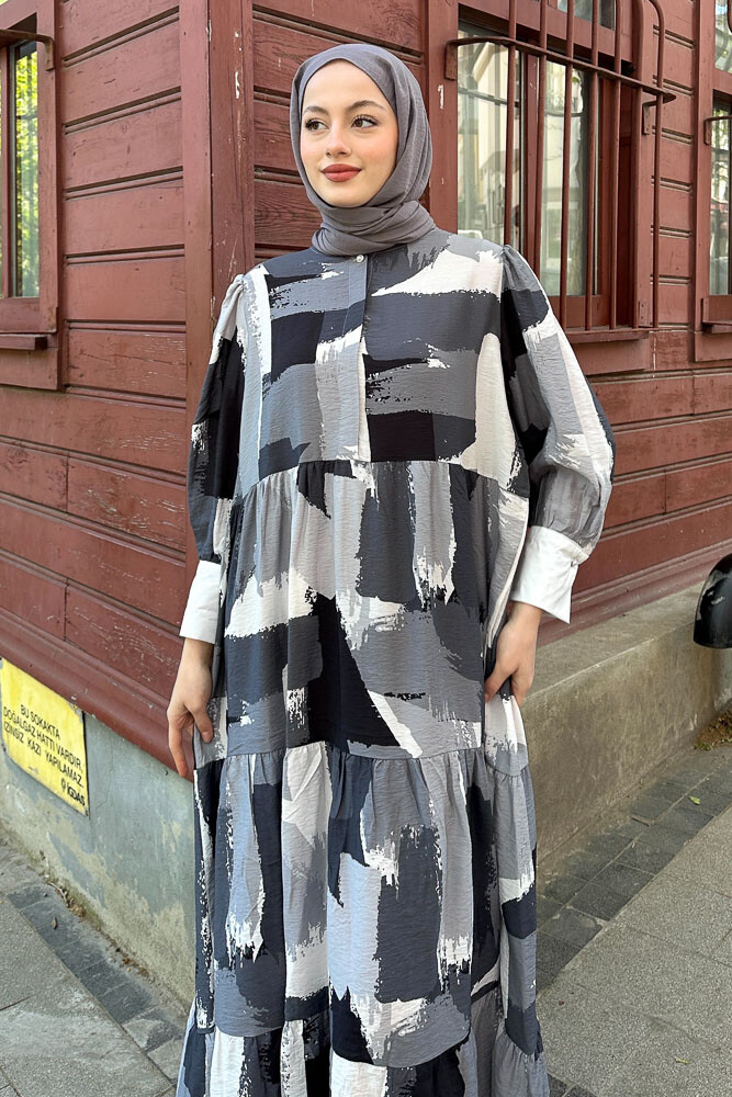 Desenli Renkli Elbise - Siyah - 3