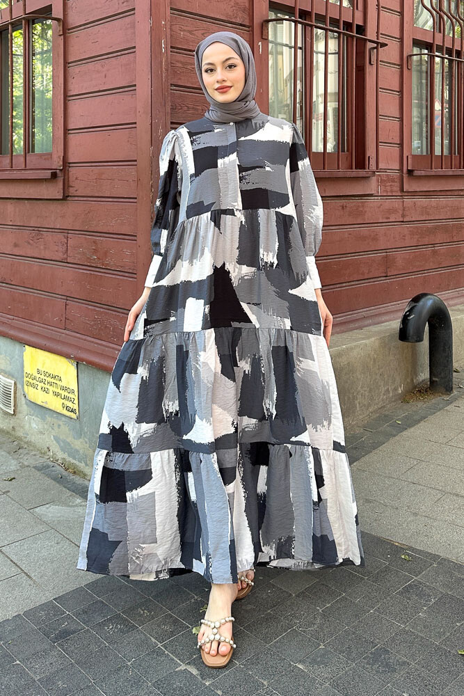 Desenli Renkli Elbise - Siyah - ENMA (1)