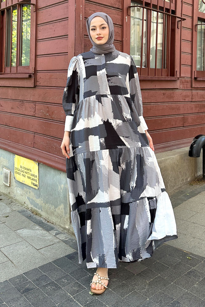 Desenli Renkli Elbise - Siyah - ENMA (4)