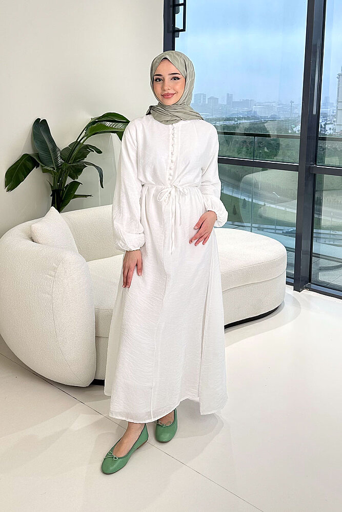 Diana Astarlı Düğmeli Elbise - Ekru - ENMA (1)