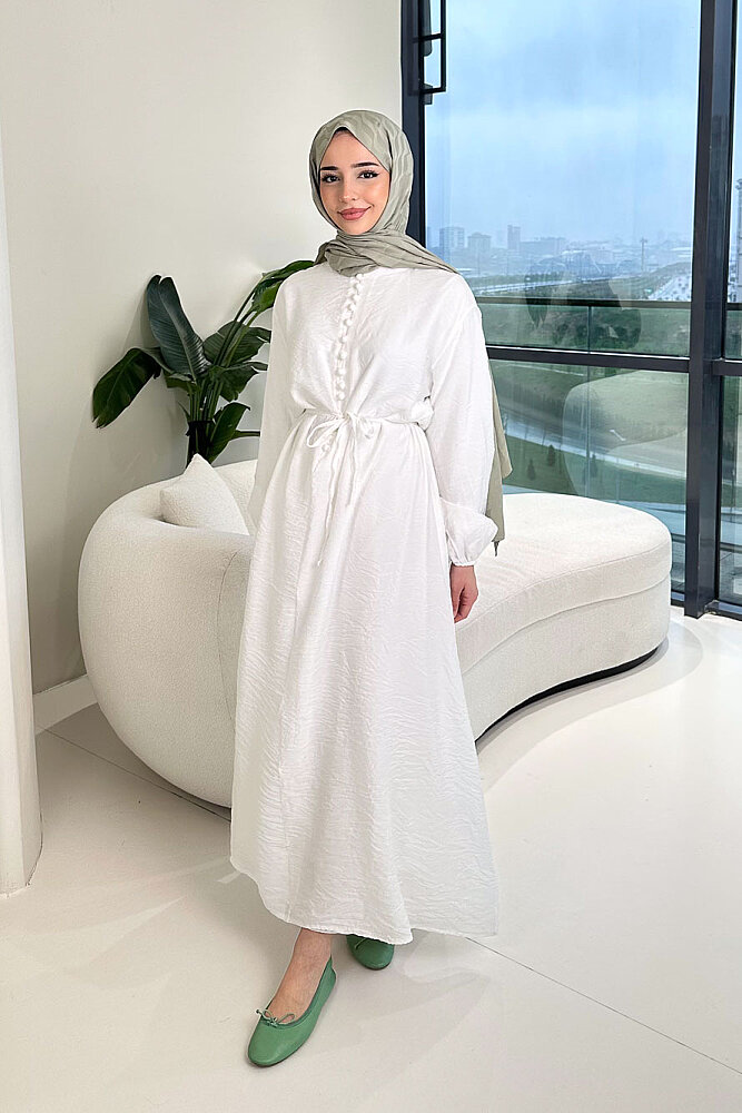 Diana Astarlı Düğmeli Elbise - Ekru - ENMA (4)