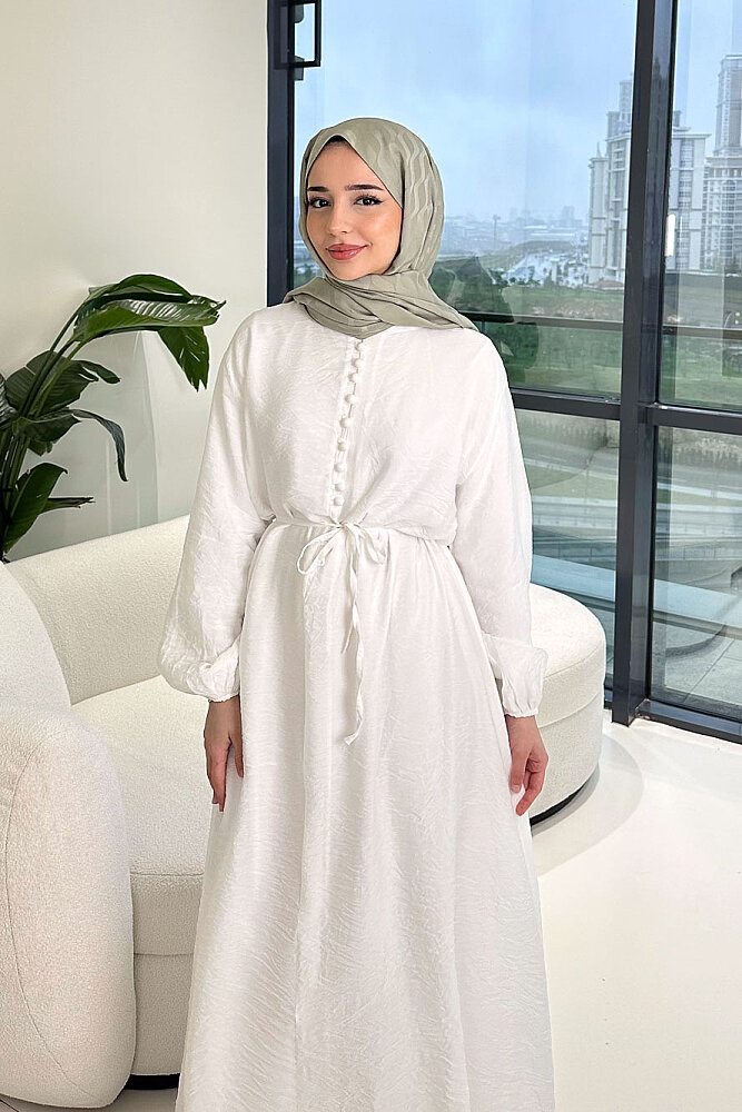 Diana Astarlı Düğmeli Elbise - Ekru - 4