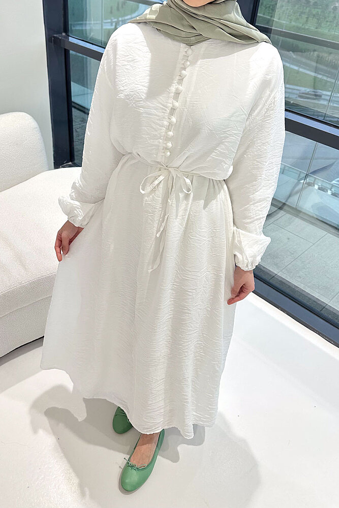 Diana Astarlı Düğmeli Elbise - Ekru - 3