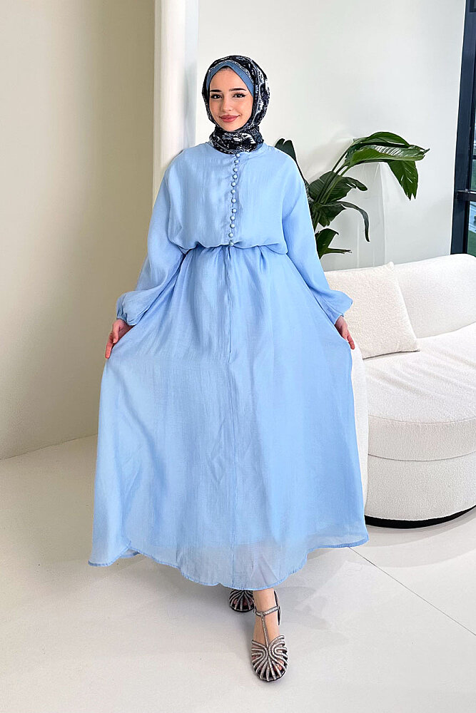 Diana Astarlı Düğmeli Elbise - Mavi - 1