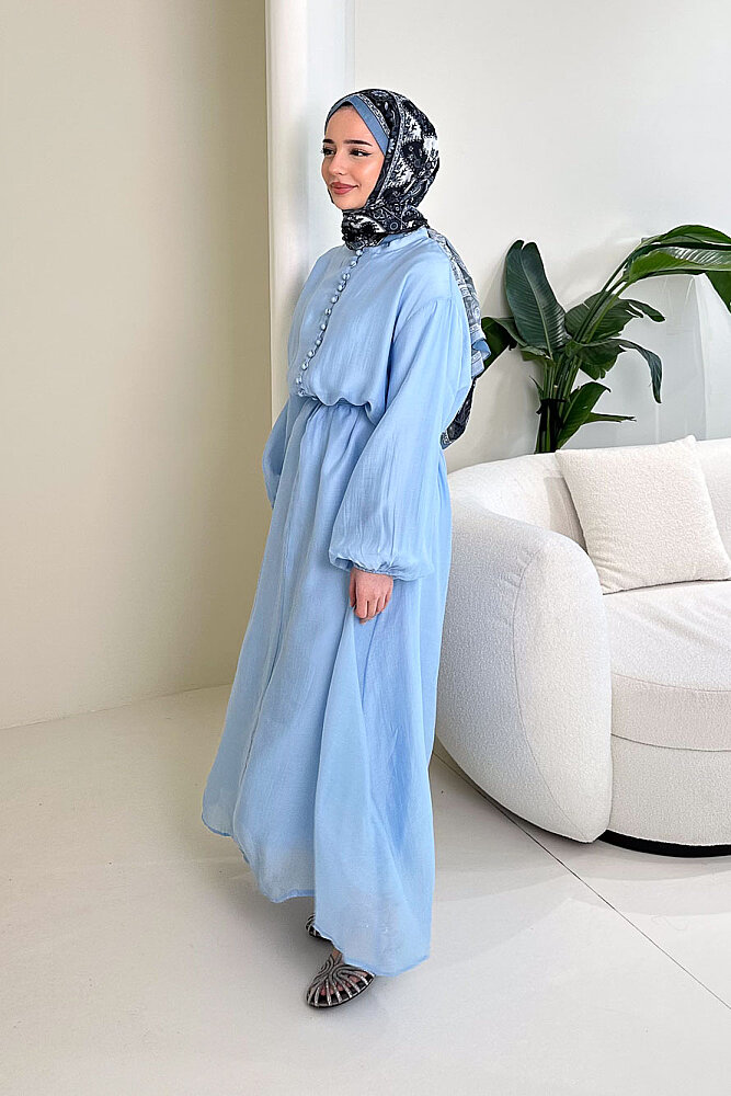 Diana Astarlı Düğmeli Elbise - Mavi - 3