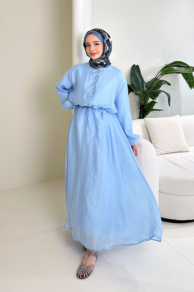 Diana Astarlı Düğmeli Elbise - Mavi - 5