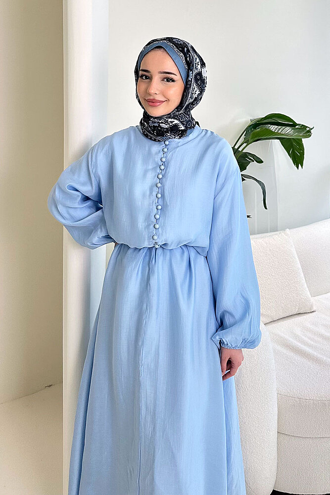 Diana Astarlı Düğmeli Elbise - Mavi - 4