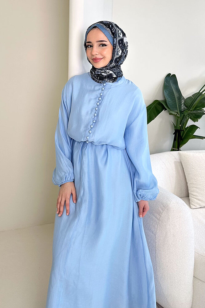 Diana Astarlı Düğmeli Elbise - Mavi - 7